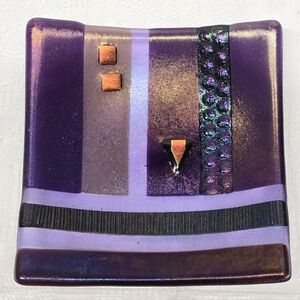 Vintage Dichroic Iridescent Fused Glass Purple Trinket Dish Jewelry Vanity Tray